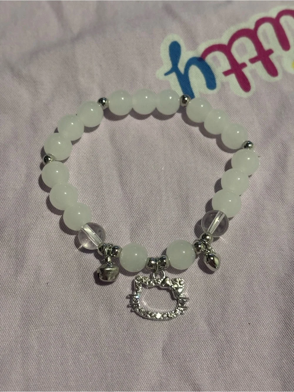White Beaded Charm Bracelet with Hello Kitty Pendant